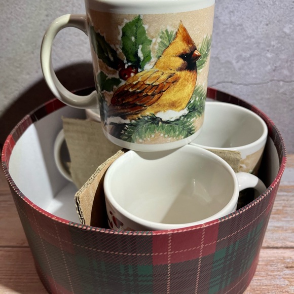 Cardinal Tea Coffee Cup Set of 4 Mugs Bird Stoneware Cracker Barrel Plaid VTG - Picture 8 of 9